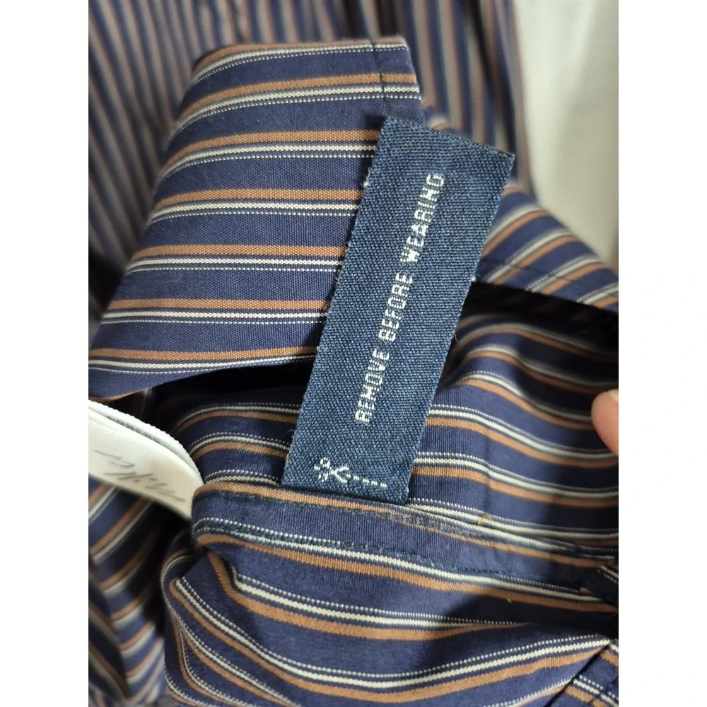 Banana Republic Shirt Mens 17 -17.5XL Black/Brown Stripe Woven In Italy Slim Fit